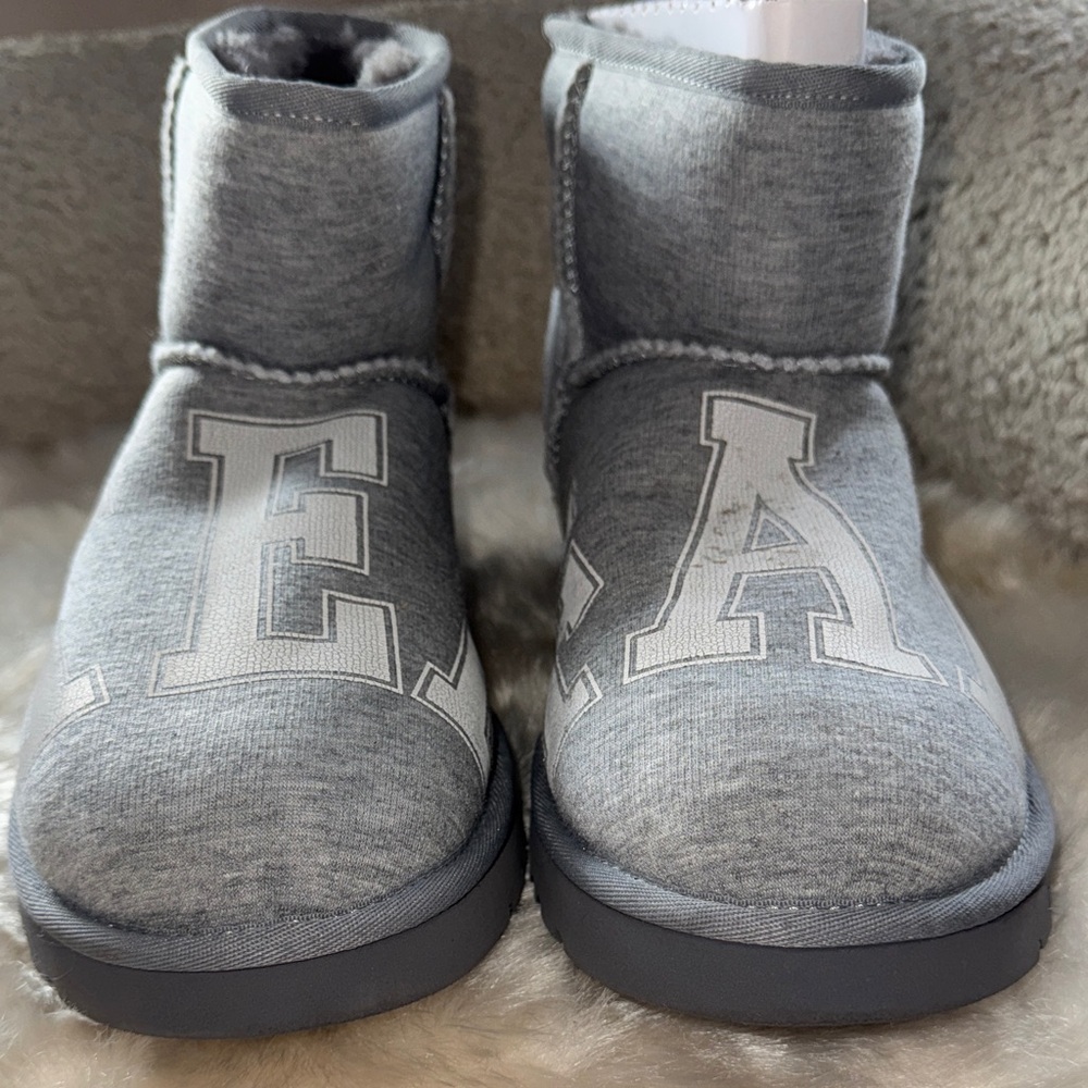 UGG Heather Gray Ankle Booties with Bold Letters